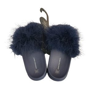 INC Marabou Pool Slides Vibrant Navy Size 11/12